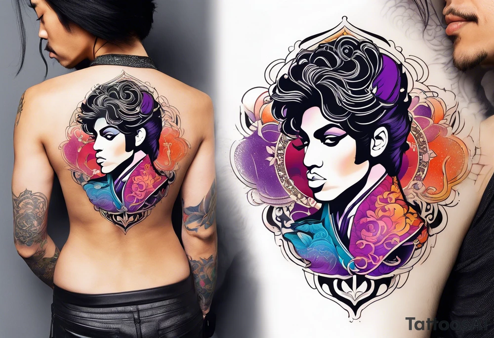 Tattoo honoring the musician Prince that also incorporates Pride colors. tattoo idea