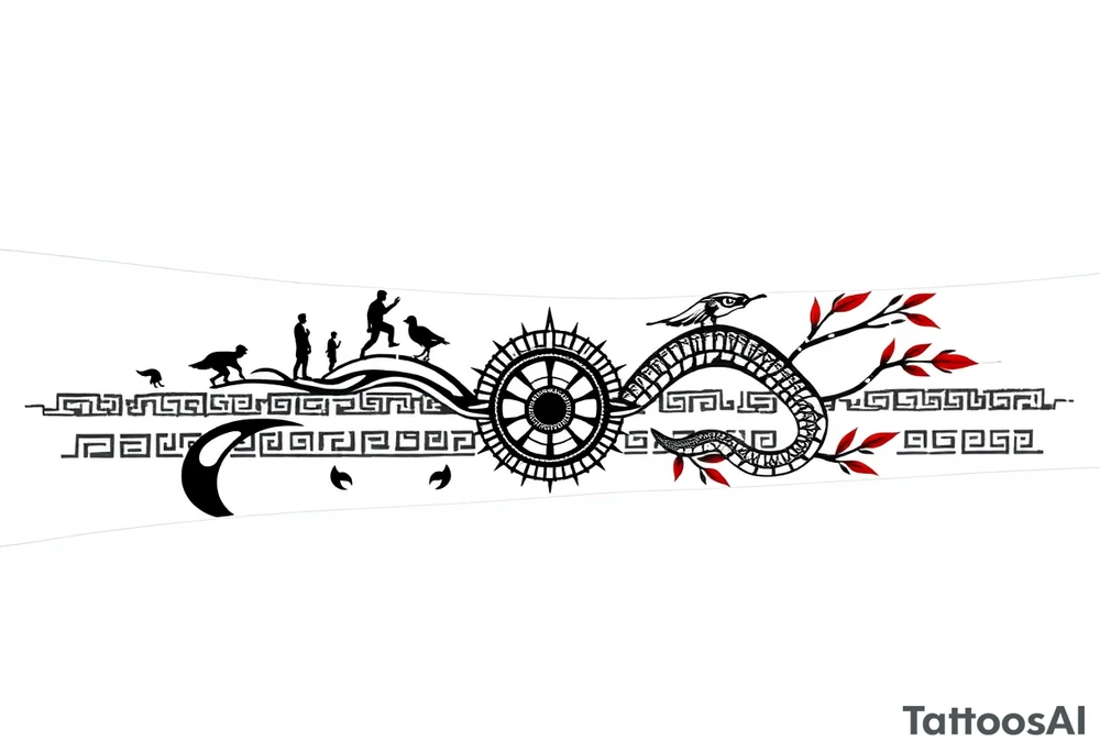 Forearm tattoo stencil, ultra-thin horizontal band (ratio 10:1), black and red line art.  
TOP EDGE (DAY):  
- Large red Greek sun with sharp neo-tribal spikes,  
- Tiny running human silhouettes (angular style),  
- Phoenix bird feathers integrated into meander.  

BOTTOM EDGE (NIGHT):  
- Black crescent moon with dotwork shading,  
- Ouroboros snake with dragon scales,  
- Meditating figure (silhouette).  

CENTER:  
- Greek meander pattern connecting all elements,  
- Hidden Bagua trigrams in corners (black),  
- Bamboo stalks as "Tree of Life" (red).  

Seamless repeating design, NO background, pure line art.  
Style: Neo-tribal meets ancient Greek and Chinese ink art. tattoo idea