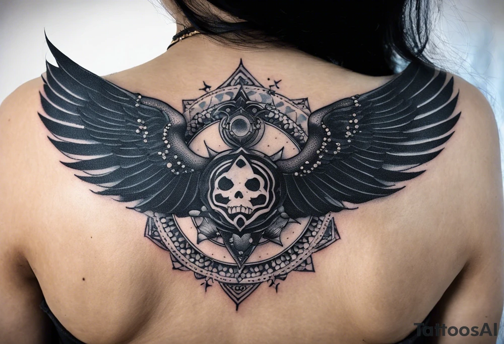 black kali, goddess pirate, alien, angel, pachamama, valkrye, warrior, flying, skull, lotus azul, wing, eagle, zenza resonance, stars, 5D, anahata chakra, death, durga, riding on a tiger, flying lady, chest tatoo tattoo idea