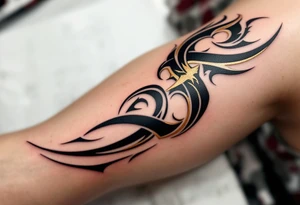 A black and gold "S" designed like an ancient monogram with regal details. tattoo idea