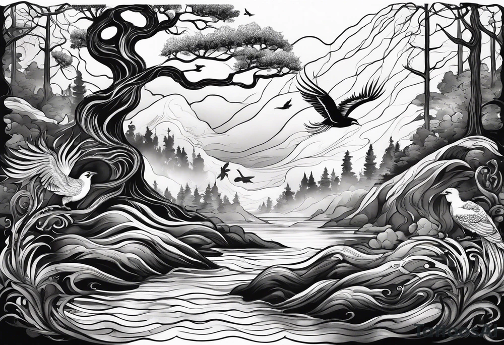 forest with water flowing and phoenix and roots and reflection waves and three birds tattoo idea forest with water flowing and phoenix and roots and reflection waves and three birds tattoo idea
