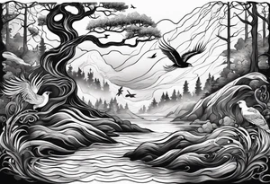 forest with water flowing and phoenix and roots and reflection waves and three birds tattoo idea