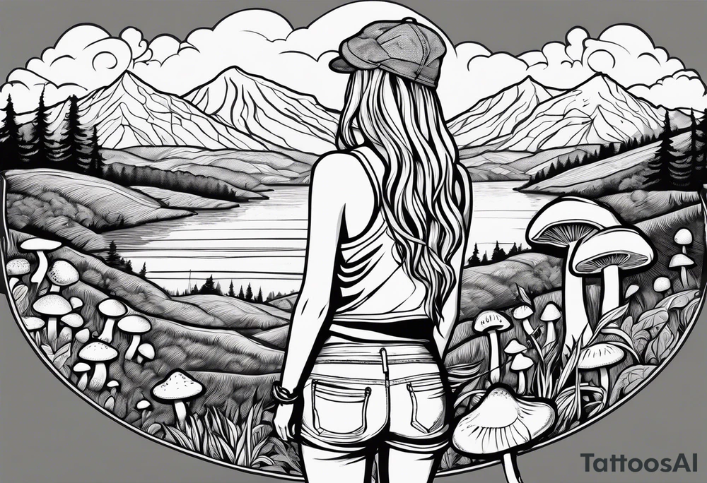 Straight long blonde hair hippie girl in distance holding mushrooms in hand facing away toward mountains and creek surrounded by mushrooms tee shirt and hiking pants tattoo idea