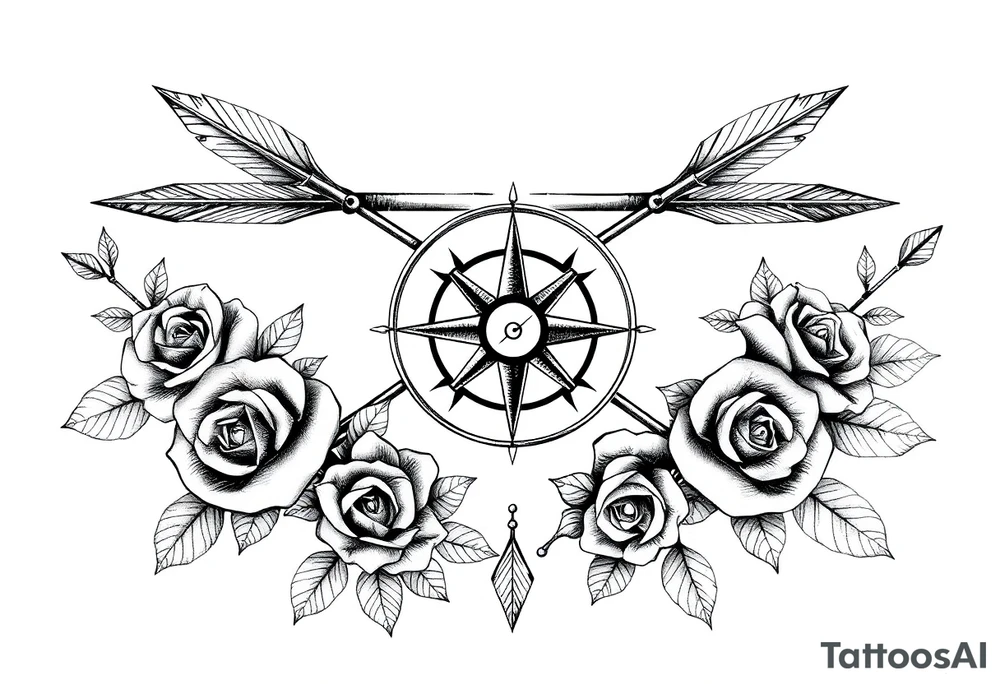 Detailed arrows with compass over top and beautiful rose vines around tattoo idea