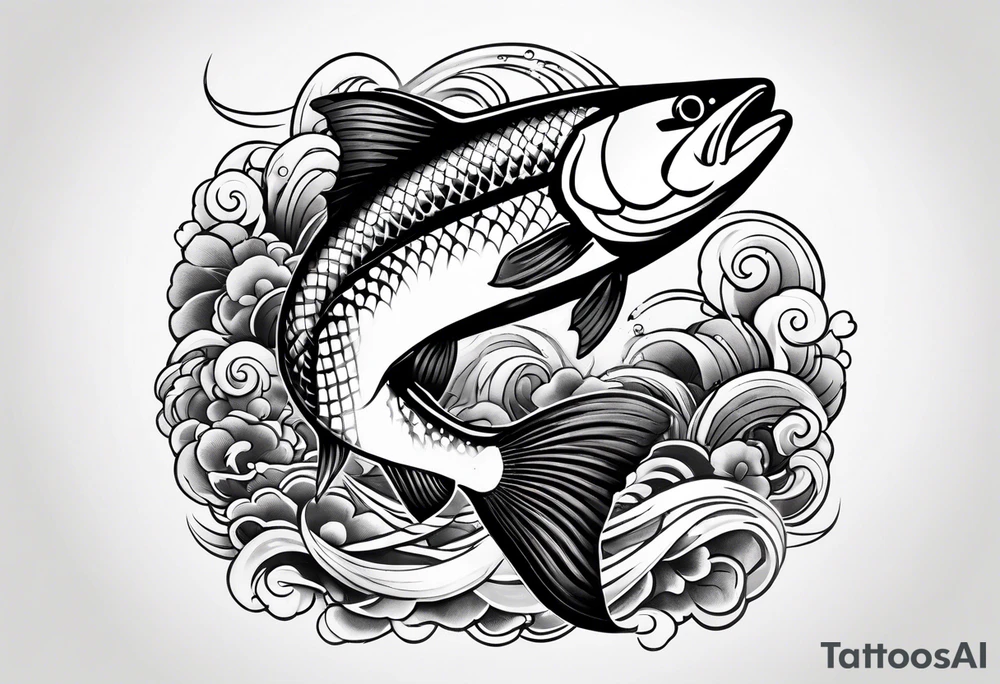 a salmon surrounded by japanese elements tattoo idea