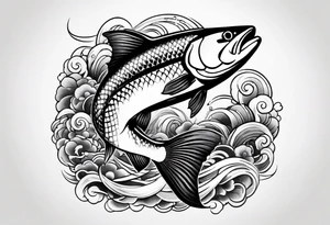 a salmon surrounded by japanese elements tattoo idea