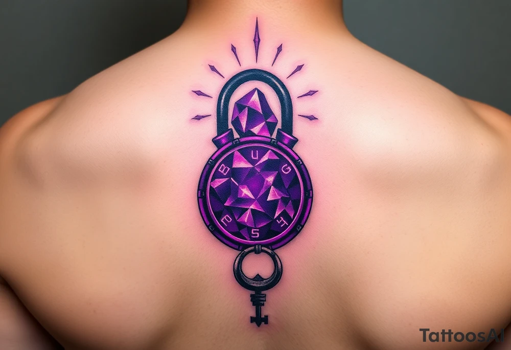 A deep purple crystal lock with glowing runes, and a crescent moon-shaped key radiating a mystical aura tattoo idea