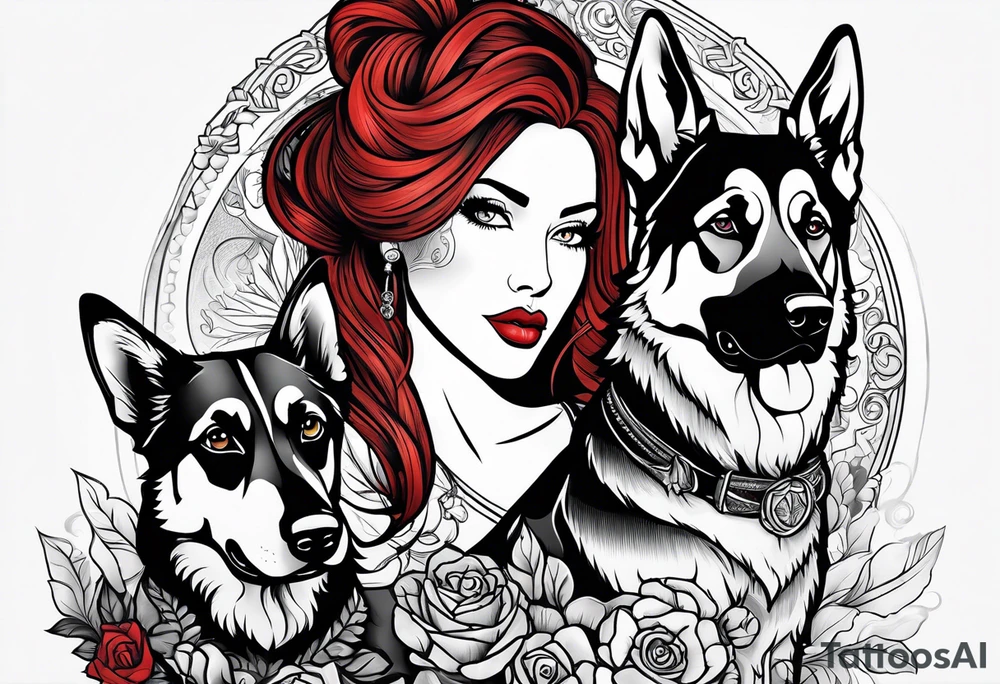 red hair woman with German shepherd dog tattoo idea