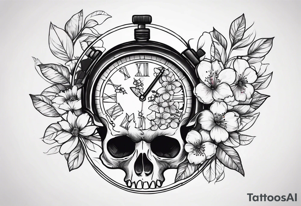 Stopwatch skull and cherry bloom tattoo idea