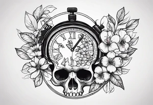 Stopwatch skull and cherry bloom tattoo idea