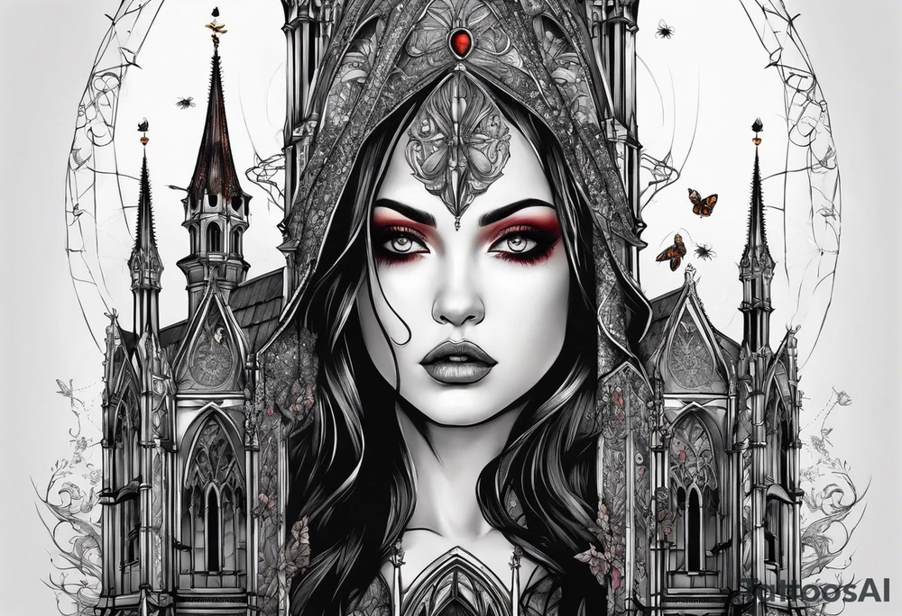 Gothic cathedral with beauty girl face with horror eyes and insects tattoo idea