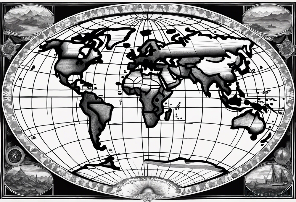 the earth on a flat map with light fading shading placed on a grid with only the lines with accurate depictions of the borders in countries while having it in an oval/circular position on a grid without any borders on the sides tattoo idea