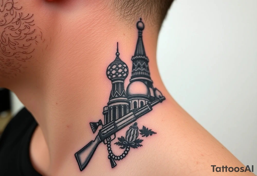 St. Basil's Cathedral scene with a christian orthodox in a ak47 style with a beaded orthodox thurible chain tattoo idea