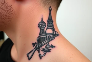 St. Basil's Cathedral scene with a christian orthodox in a ak47 style with a beaded orthodox thurible chain tattoo idea