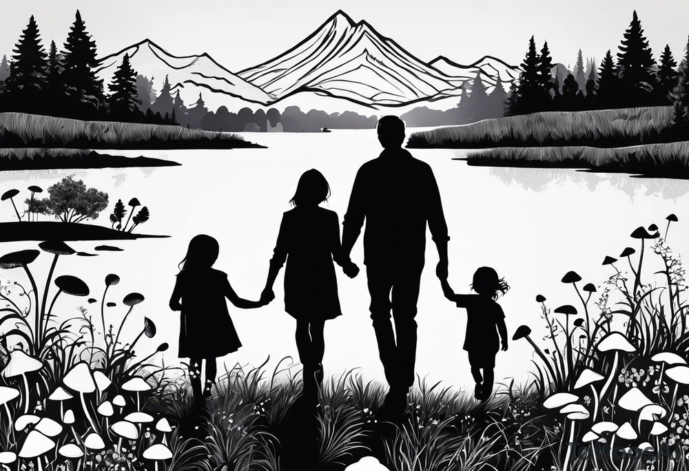 Family silhouette of a father, a mother with long straight blonde hair, oldest son, middle daughter, and small daughter foraging mushrooms with mountains and creek in background tattoo idea