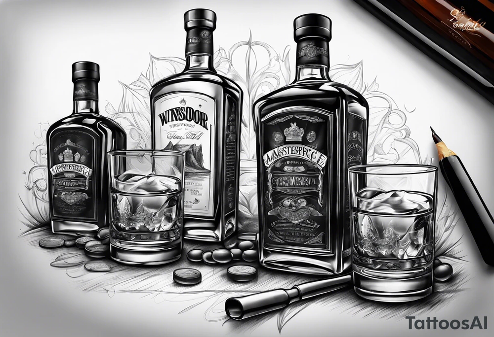Windsor Canadian whiskey and glass and dog tags tattoo idea