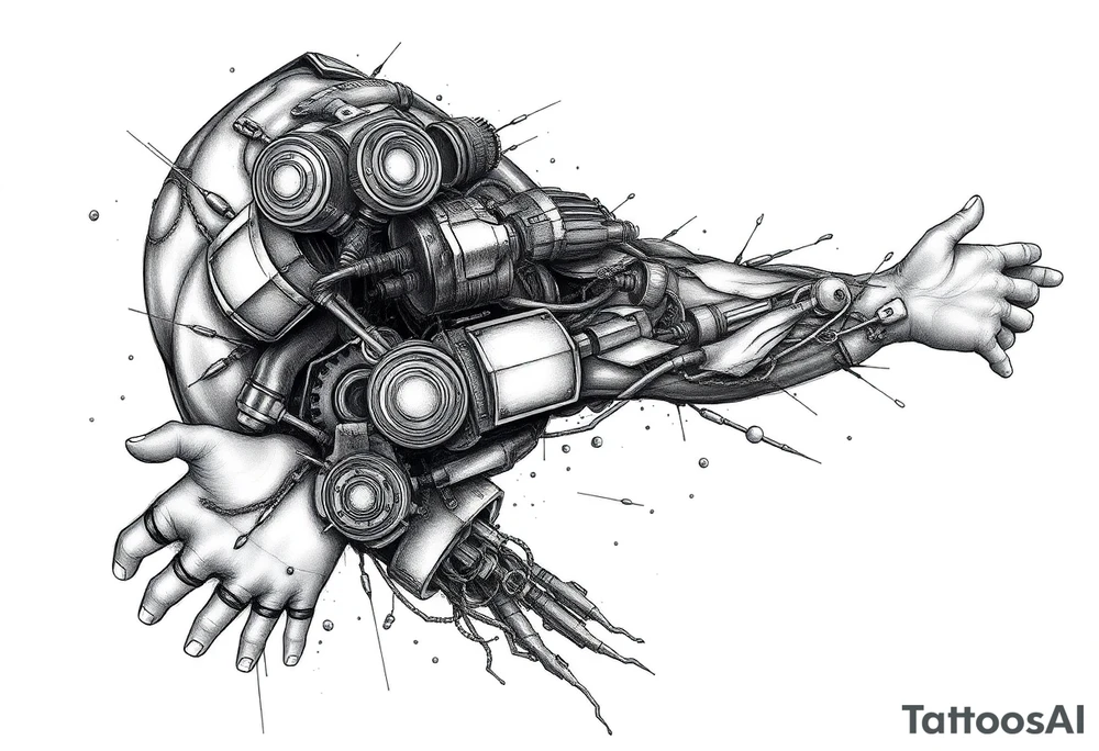 A full sleeve tattoo design for the right arm that starts at the hand and extends up to the right pectoral. The design features a melted skin effect, revealing detailed robotic parts and mechanical components underneath. The melted skin appears torn and organic, seamlessly transitioning to intricate gears, wires, and futuristic machinery beneath, creating a striking fusion of human and robotic elements. tattoo idea