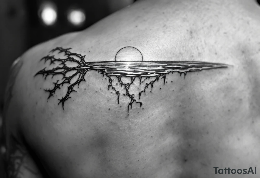 trident with Poseidon half way under calm water at sunset tattoo idea