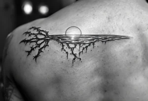 trident with Poseidon half way under calm water at sunset tattoo idea
