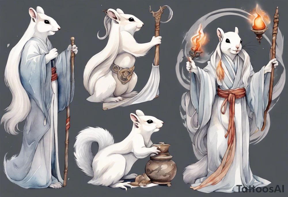 a white squirrel with long feminine hair and a grey robe, holding a sorceress staff tattoo idea