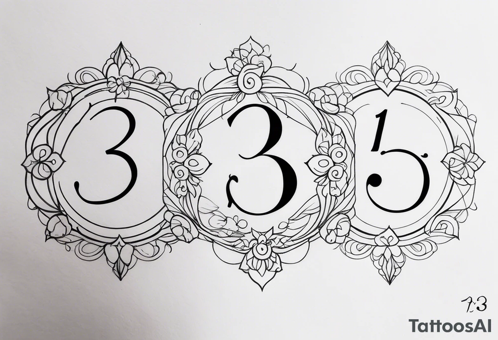 ⅓, ⅔, and 3/3 for siblings, with flourishes or design elements around the numbers tattoo idea