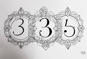 ⅓, ⅔, and 3/3 for siblings, with flourishes or design elements around the numbers tattoo idea
