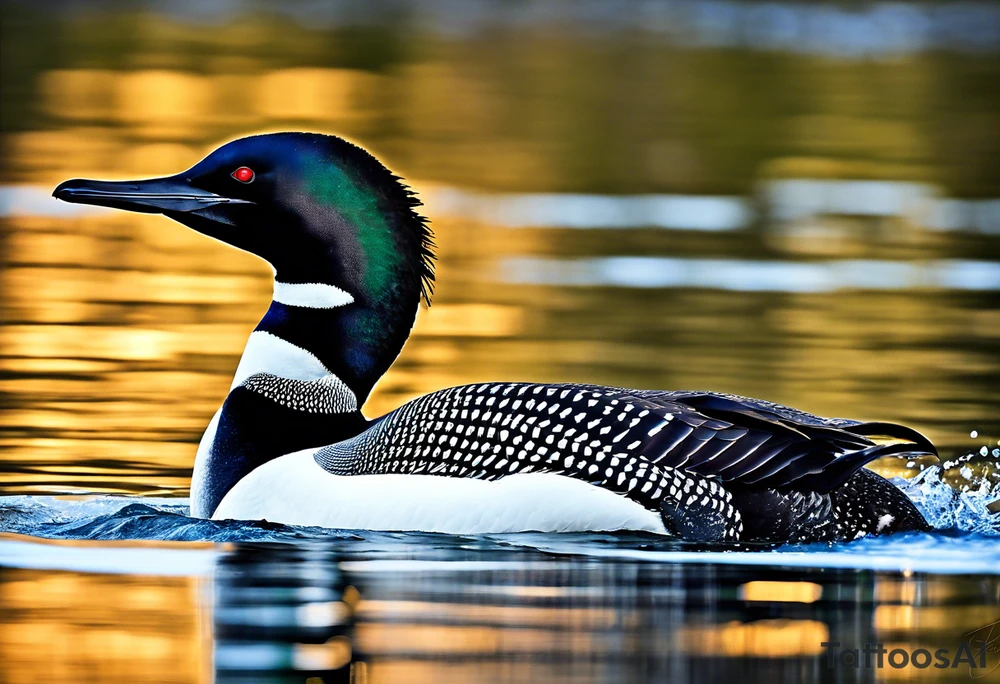 A North American common loon looking majestic as it spreads its wings in the water. On the mid-upper thigh. Don’t have a background. Make sure it is just the loon. The image should be face directly at the loon’s chest. The image should be tall and narrow tattoo idea