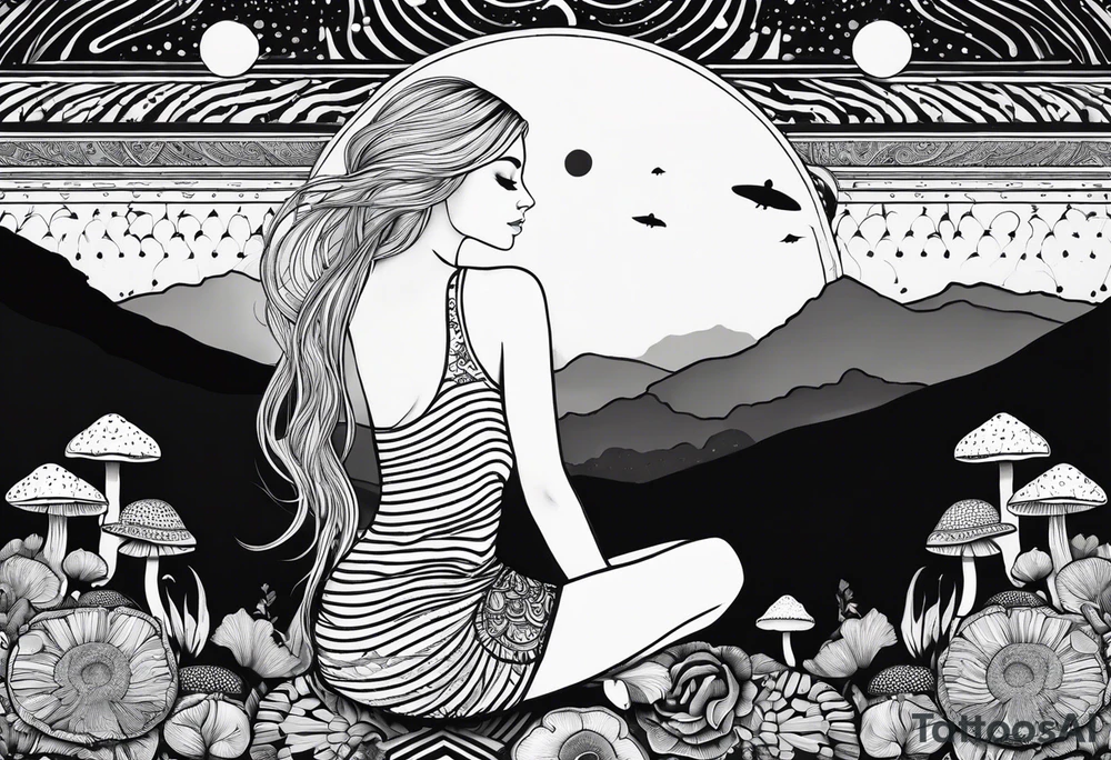 Straight blonde hair girl meditating facing away toward mountains surrounded by mushrooms crescent moon mandala circular design black and white striped dress tattoo idea