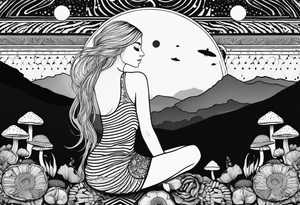 Straight blonde hair girl meditating facing away toward mountains surrounded by mushrooms crescent moon mandala circular design black and white striped dress tattoo idea