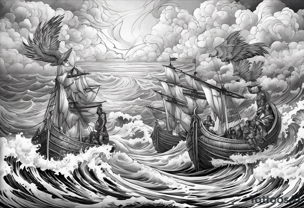 Angels and Roman warriors with clouds and ocean waves tattoo idea
