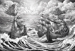 Angels and Roman warriors with clouds and ocean waves tattoo idea