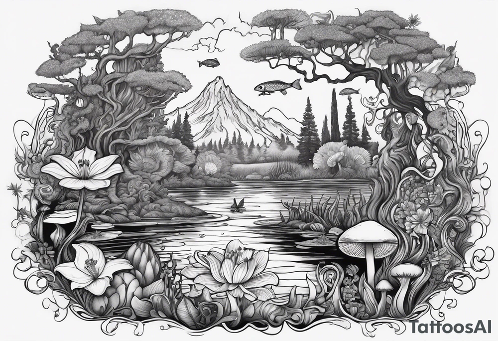 A bayou that has cypress trees, mushrooms, wild flowers, lily pads, frogs, and bugs with a mermaid in the background that is singing music. tattoo idea