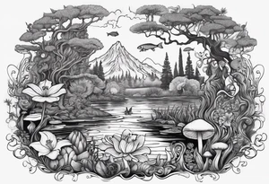 A bayou that has cypress trees, mushrooms, wild flowers, lily pads, frogs, and bugs with a mermaid in the background that is singing music. tattoo idea