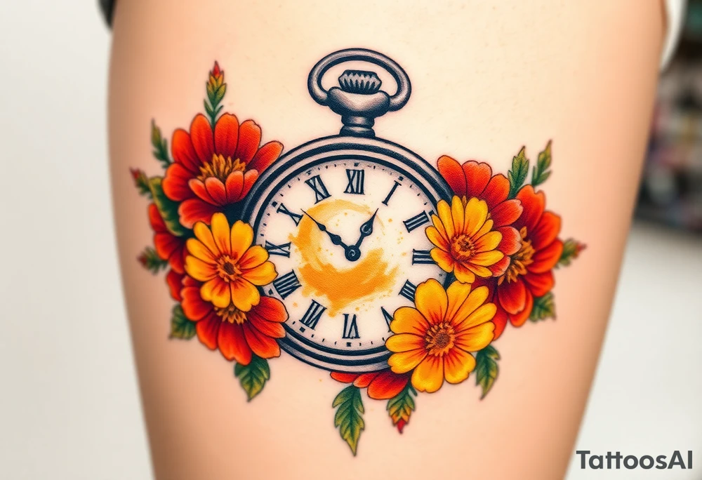 Beautiful pocket watch surrounded by red, orange and yellow marigolds tattoo idea