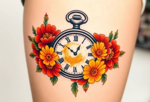 Beautiful pocket watch surrounded by red, orange and yellow marigolds tattoo idea