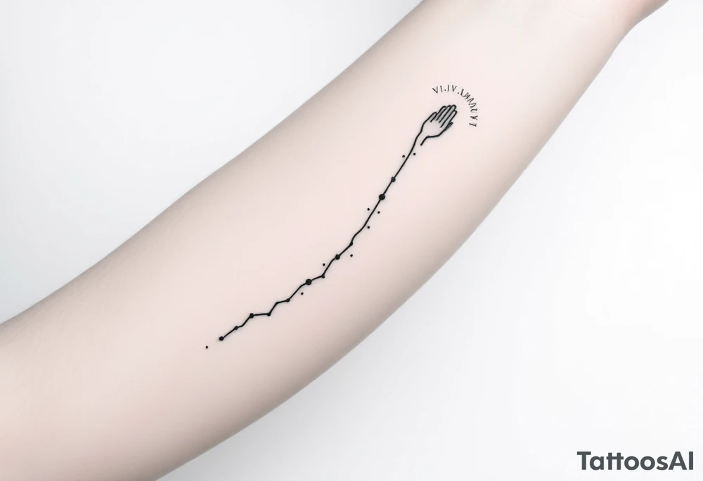 black-ink forearm tattoo honoring a father and the continuation of his legacy. Central design: a single, rising abstract line or path starting faint and fragmented at the bottom (symbolizing the father’s unfinished work) and growing solid and strong as it rises (representing the son carrying the legacy forward). Along the path, include fine particle-like lines or dots flowing upward, symbolizing the father’s presence and guidance cheering the son on. Subtly integrate an abstract outline of the father’s figure or hand at the top, ethereal and minimal, watching proudly over the path. Include the Roman numerals or small elegant text: “VI·IV·MMXXIII” to mark April 6, 2023, and optionally the phrase “Building what he couldn’t” integrated along the line. Style: clean, minimalistic, fine-line black ink only, simple but meaningful, vertical forearm layout, emphasizing legacy, guidance, and emotional depth. tattoo idea