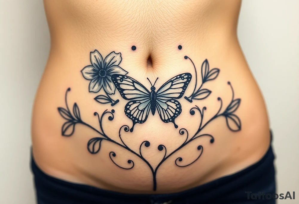 Exotic flower with a butterfly sitting in it around the belly button with vines going in v shape around the entire waist line tattoo idea