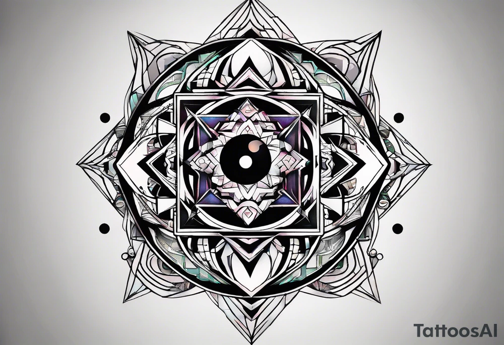 A tattoo design featuring geometric patterns and symbols inspired by psytrance and techno music, creating a unique and futuristic look. tattoo idea
