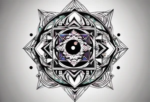 A tattoo design featuring geometric patterns and symbols inspired by psytrance and techno music, creating a unique and futuristic look. tattoo idea