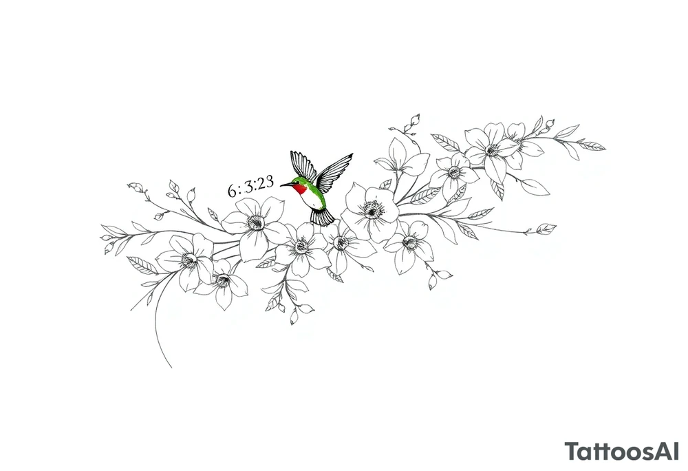 Create a fine-line tattoo design for the top of the left forearm, extending vertically from just below the elbow to the wrist. The design should feature a delicate arrangement of narcissus flowers, daffodils, larkspurs, and dogwood flowers, with flowing vines and leaves weaving through the composition to complement the natural curve of the forearm. Include one small hummingbird with subtle color accents (soft shades of green and red) hovering near the flowers, in a realistic yet minimal style. Subtly integrate the time ‘6:38’ into one of the flower vines, using a small, elegant font that blends naturally with the design. The overall style should be fine-line and detailed, with a light, airy feel, similar to a botanical illustration, focusing on intricate line work and minimal shading. tattoo idea