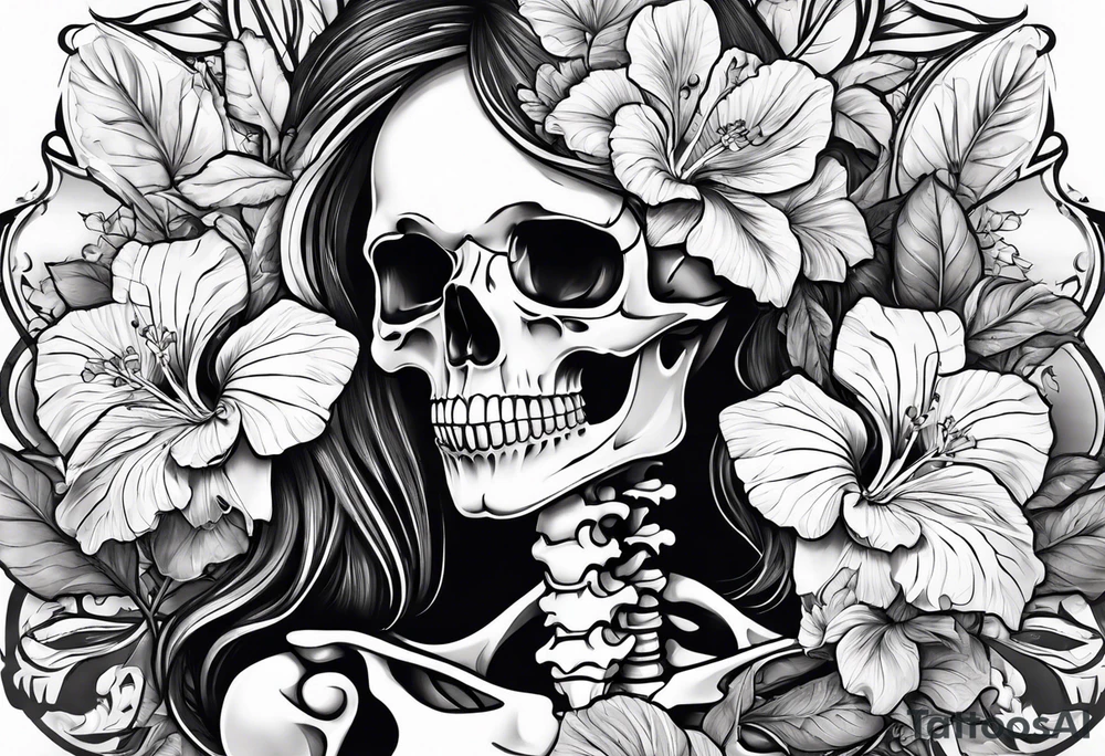 a female skeleton with hibiscus flower. tattoo idea