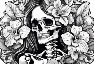 a female skeleton with hibiscus flower. tattoo idea