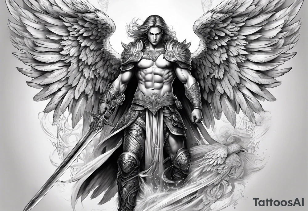 Arch angel fighting sword male full body heavenly tattoo idea