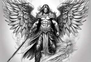 Arch angel fighting sword male full body heavenly tattoo idea