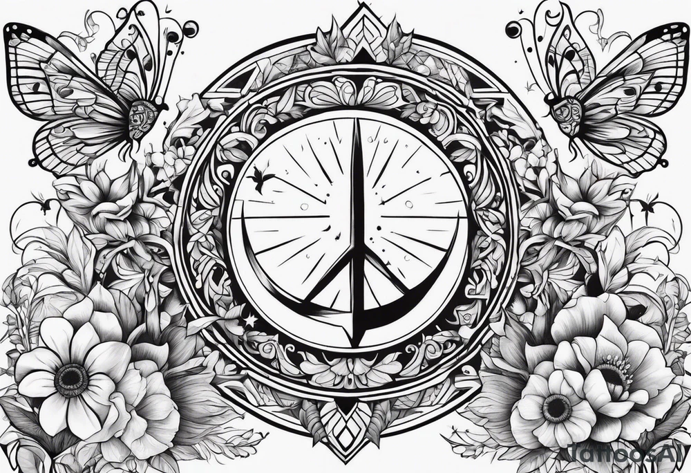 Design a tattoo that symbolizes power, peace and love with the sun and moon and with flowers and butterflies but also shows masculinity tattoo idea