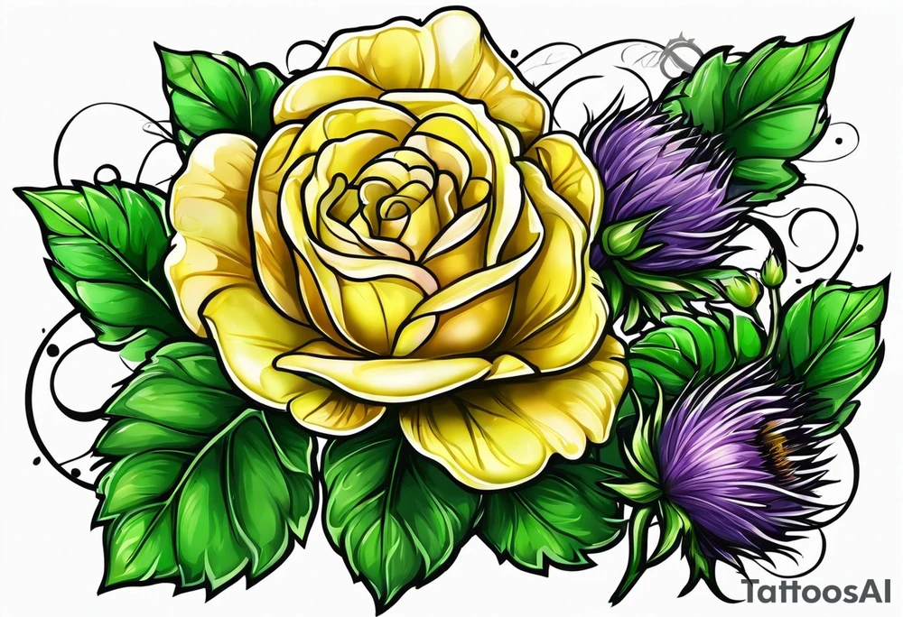 Yellow rose, purple thistle, and green shamrock with lettering KND tattoo idea