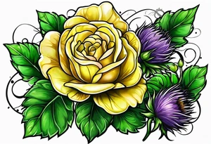 Yellow rose, purple thistle, and green shamrock with lettering KND tattoo idea
