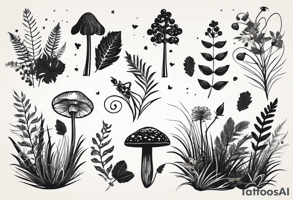 forest floor inspired minimalist tattoo, which includes grass, curly ferns, moss and dead leaves as the bulk of the tattoo. details to include: forest berries, a tiny bumblebee flying nearby, three small brown mushrooms
Generate a vertically long one tattoo idea