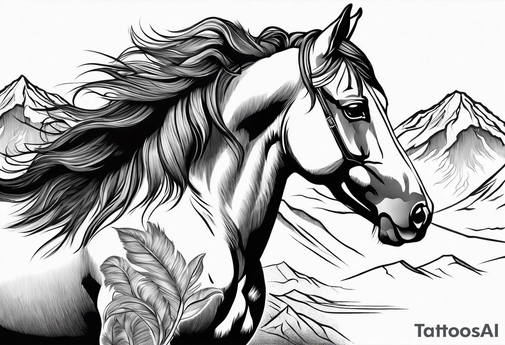 Wild horse, mountain background, feather tattoo idea