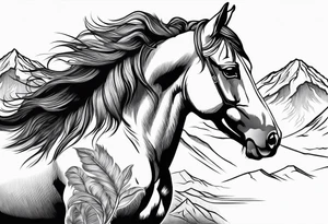 Wild horse, mountain background, feather tattoo idea